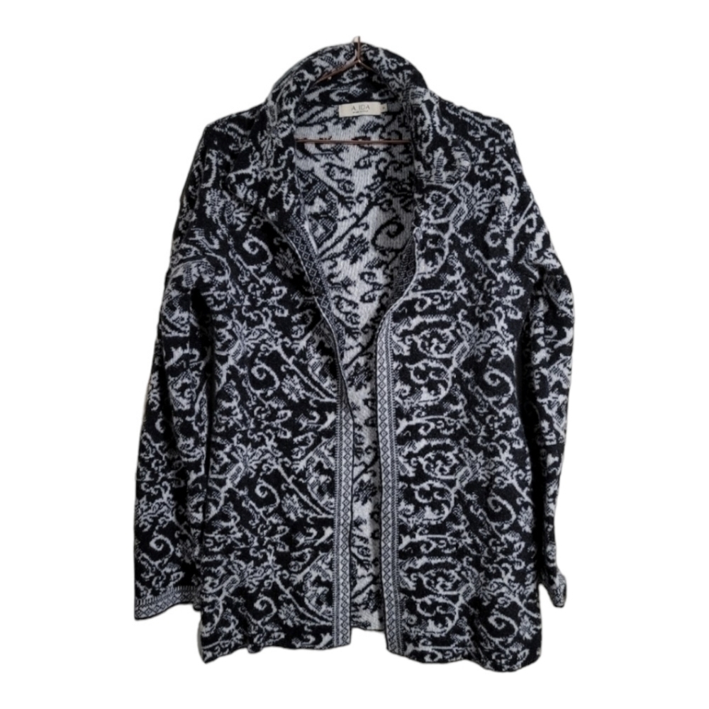 A. Ida Wool Blend Filigree Swirl Pattern Cardigan Open Front Made Italy Medium